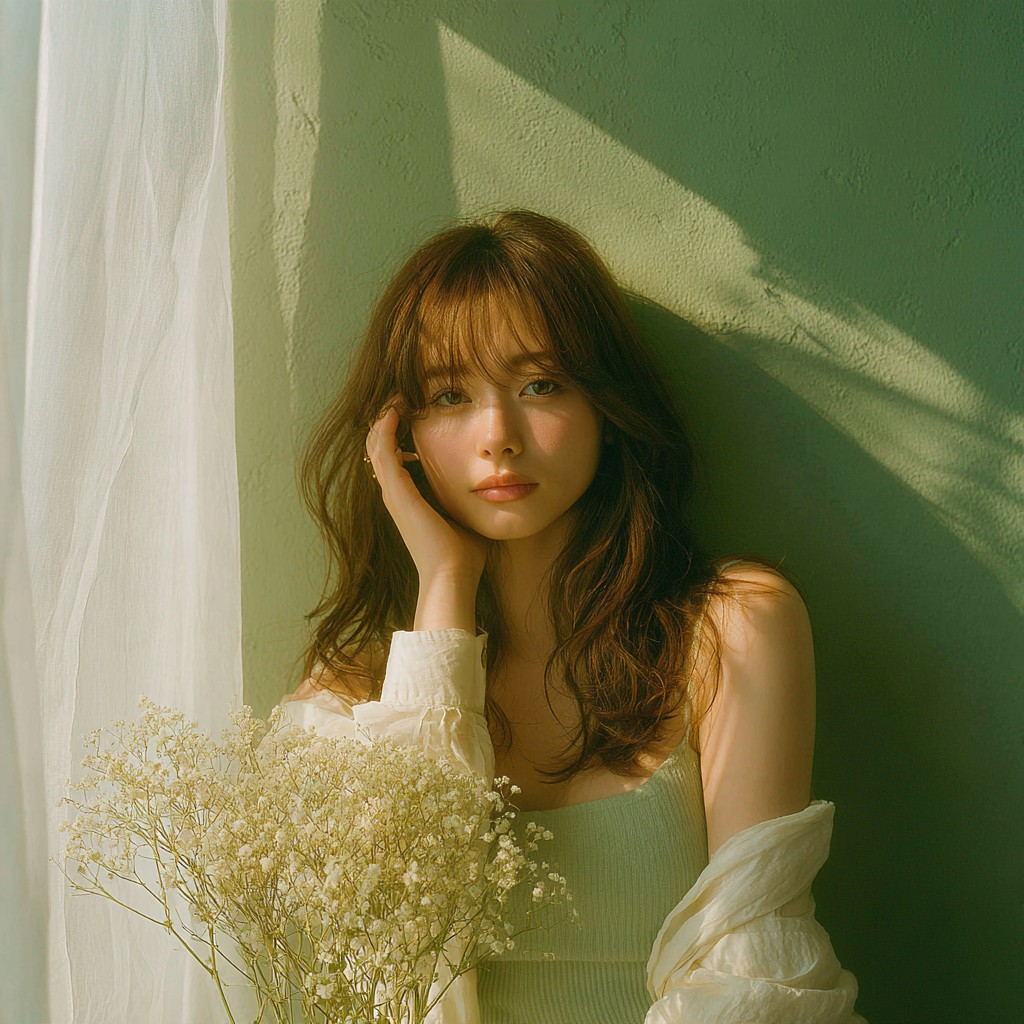 グリーンの壁の前で、かすみ草を手にした女性のポートレート